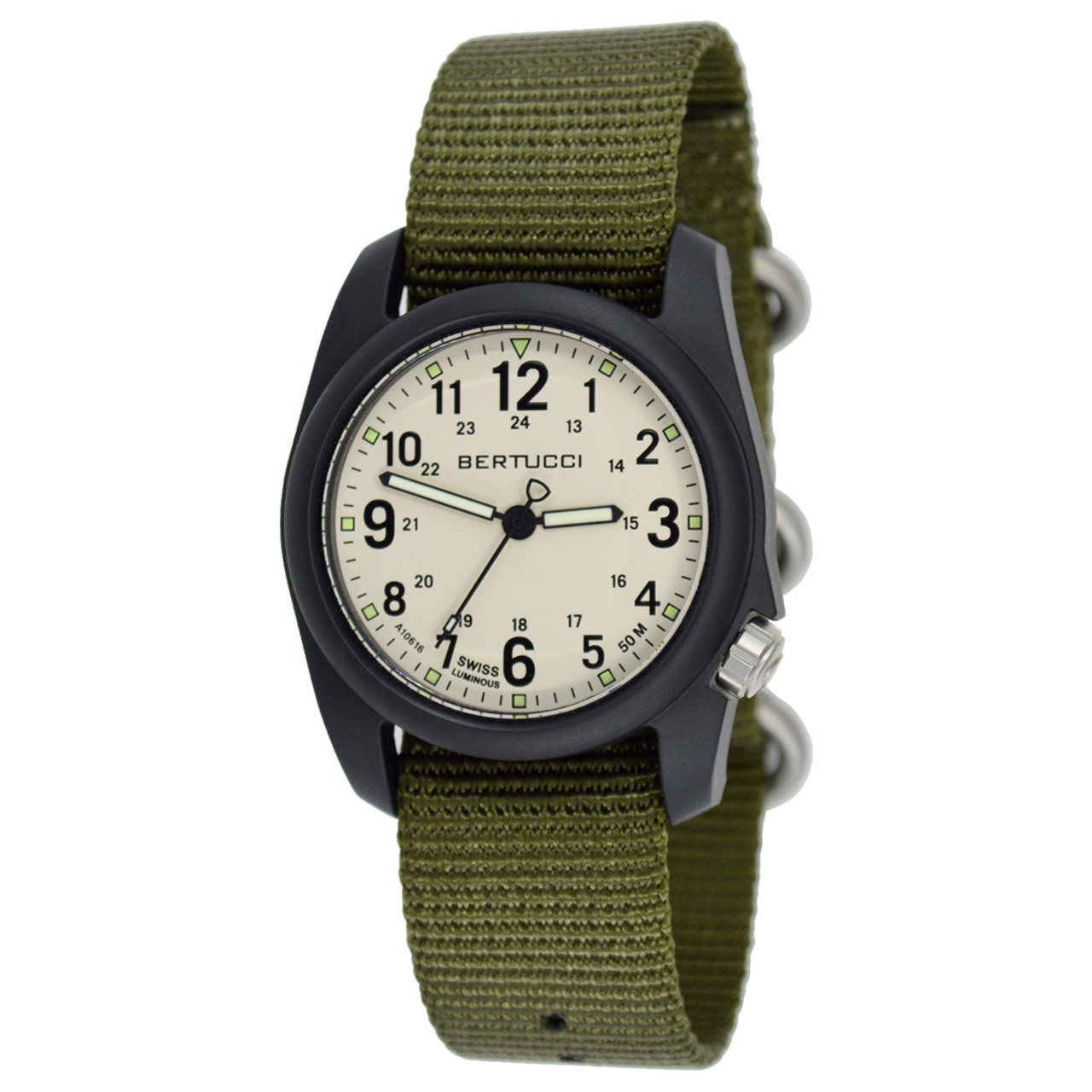 About: Bertucci DX3 Field Resin Watch, Olive Green Nylon Strap, White Dial - 11049