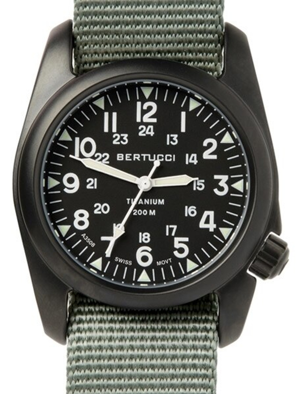 Bertucci A-2T Vintage Black Titanium Watch with Olive Drab Nylon Strap #12028 Questions & Answers