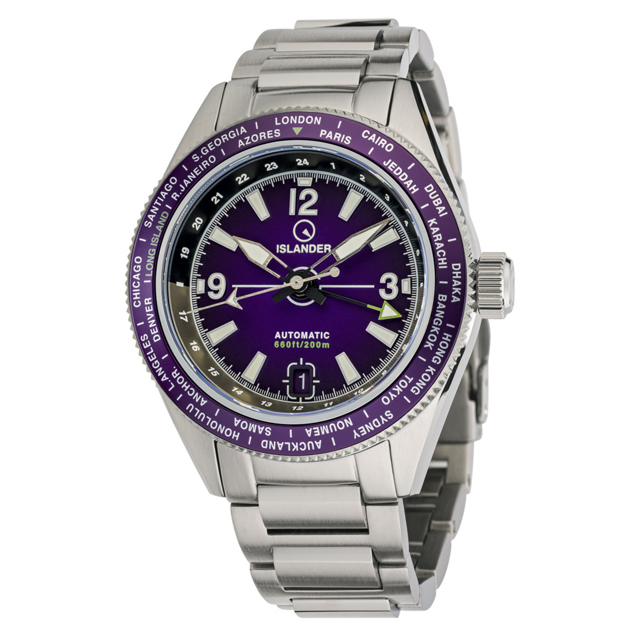 Islander Calabro GMT World Time Watch with Purple Dial #ISL-243 Questions & Answers