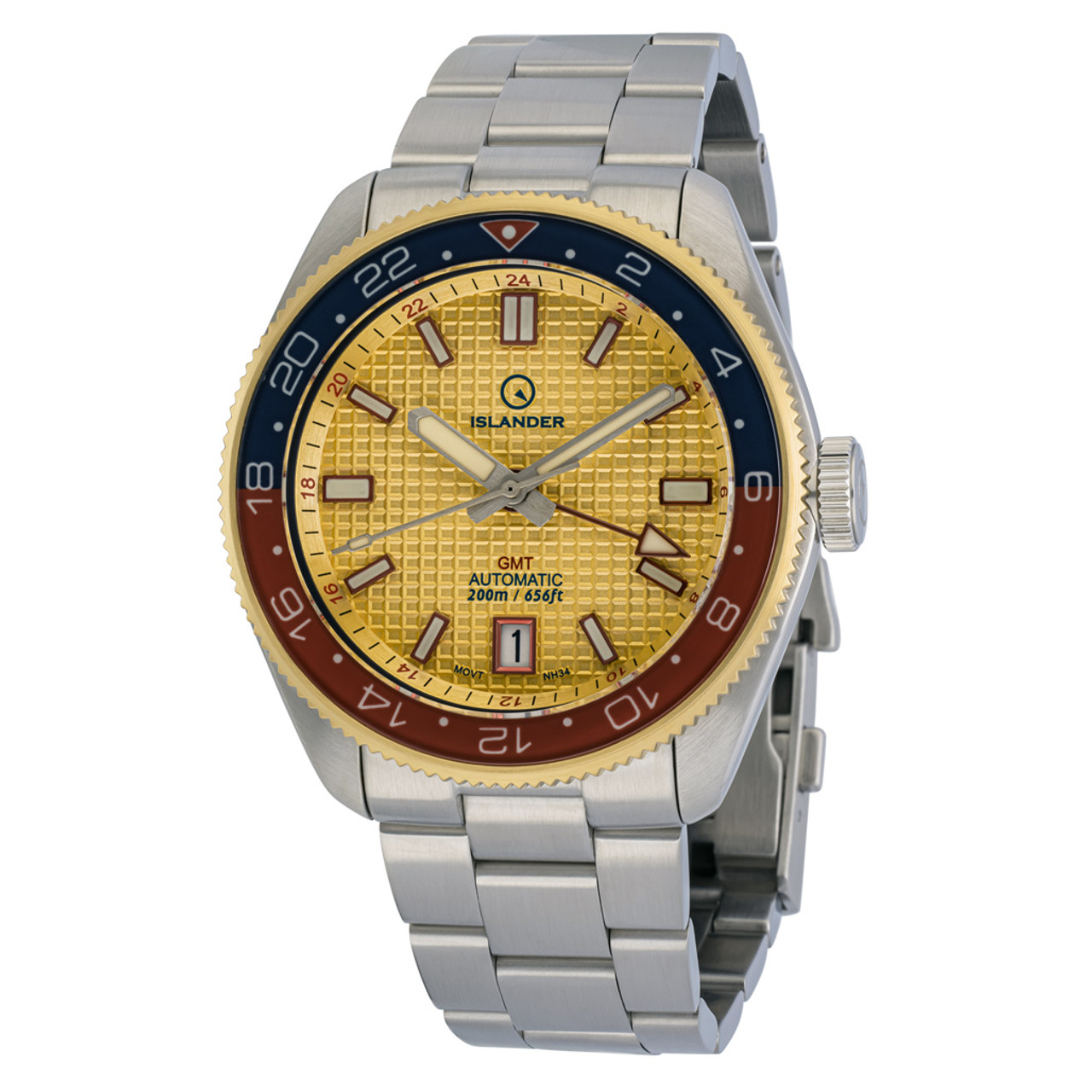 Islander Automatic GMT Dive Watch with Gold Waffle Dial #ISL-225 Questions & Answers