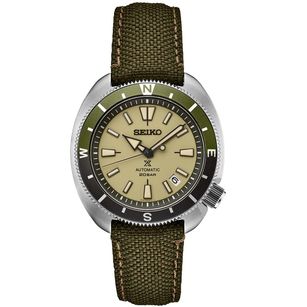 Seiko Prospex Automatic Dive Watch with Beige Dial and Olive Canvas Strap #SRPG13 Questions & Answers