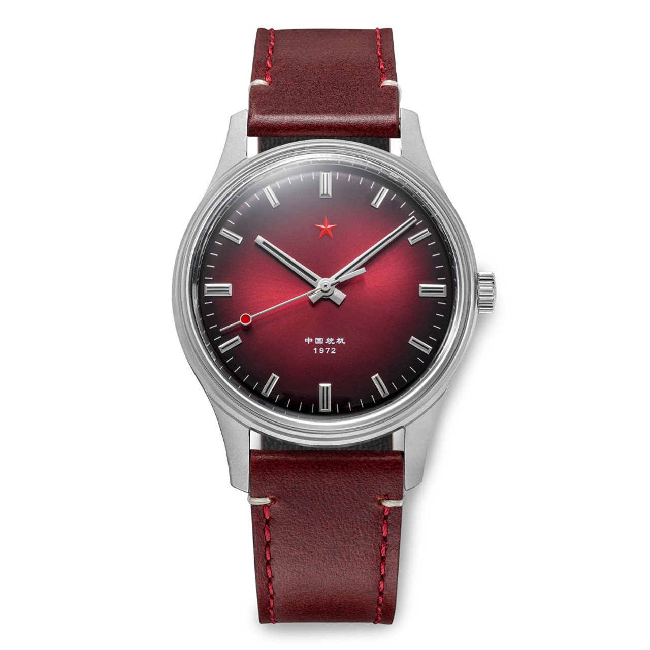 Red Star 3-Hand Dress Watch with Burgundy Dial and Mechanical Movement #8598-R Questions & Answers