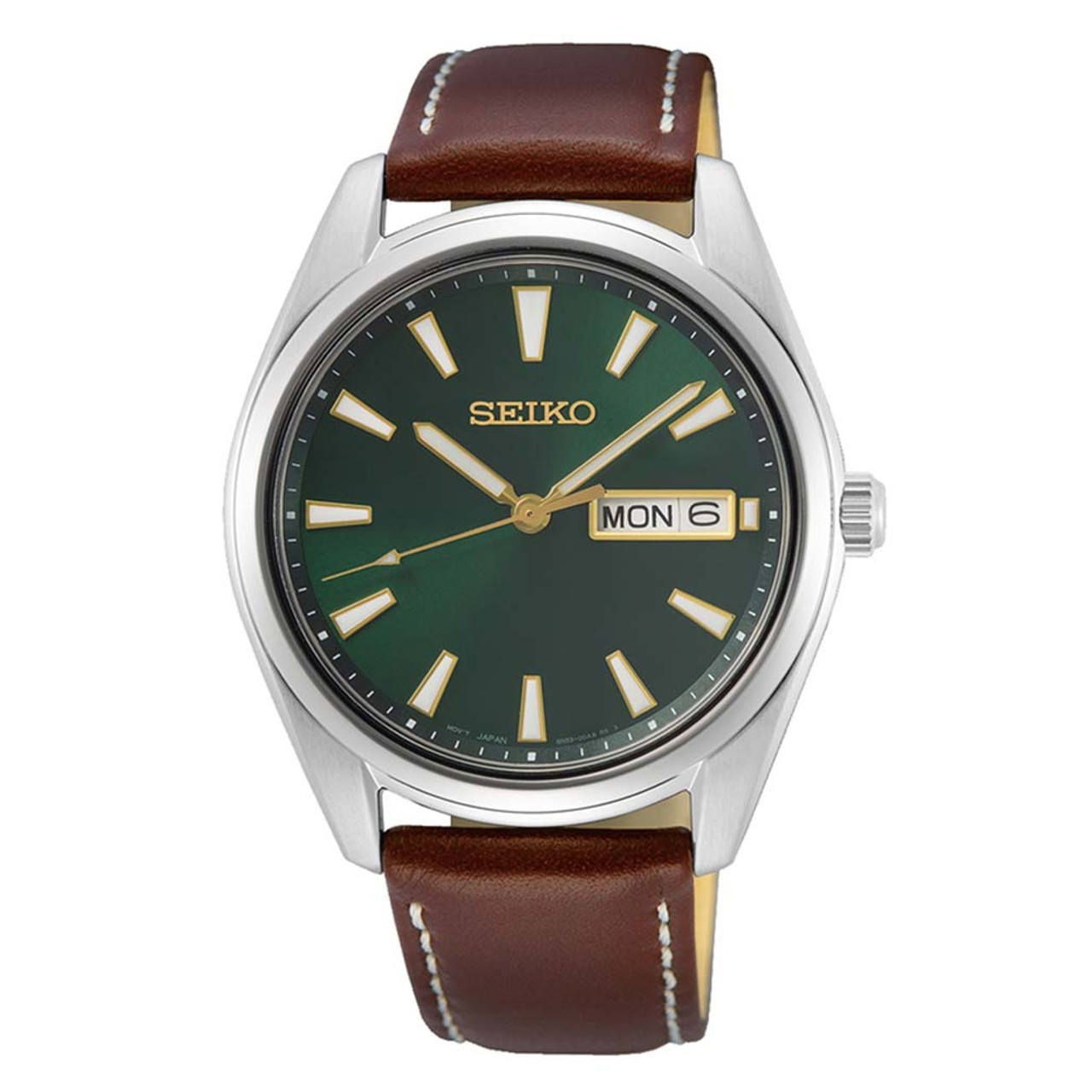 Seiko 40mm Day-Date Quartz Watch with Vibrant Green Dial SUR449 Questions & Answers