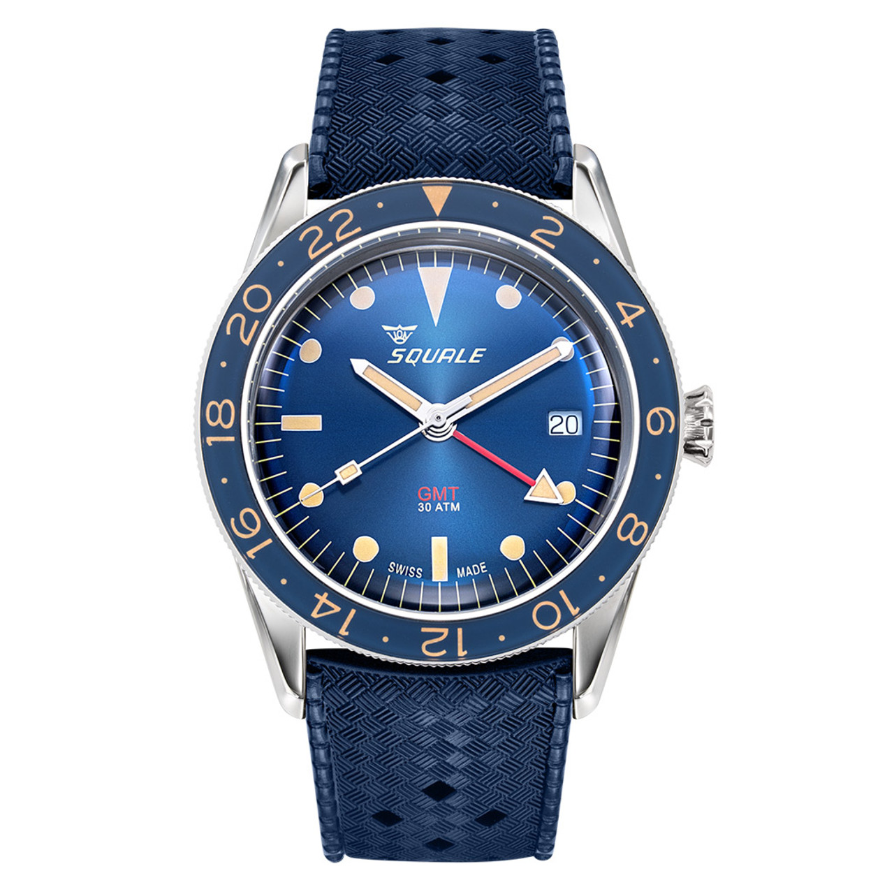 Squale 300 Meter Swiss Automatic GMT-Dive Watch with Blue Dial and Rubber Strap #SUB-39GMTBL.HTB Questions & Answers