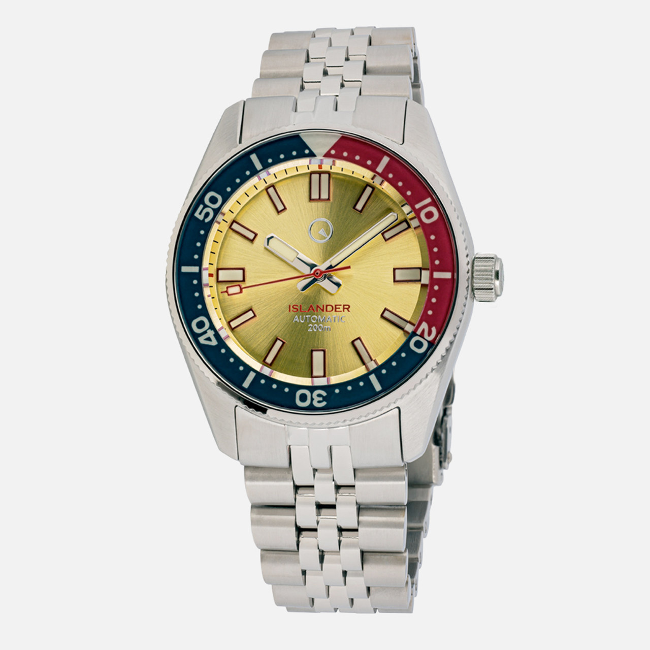 Islander 38mm Automatic Dive Watch with Sunburst Gold Dial and Maroon Accents #ISL-127 Questions & Answers