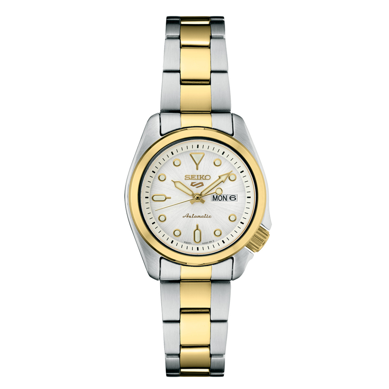 Seiko 5 Sports Automatic Watch with White Dial and 28mm Two-Tone Case #SRE004 Questions & Answers