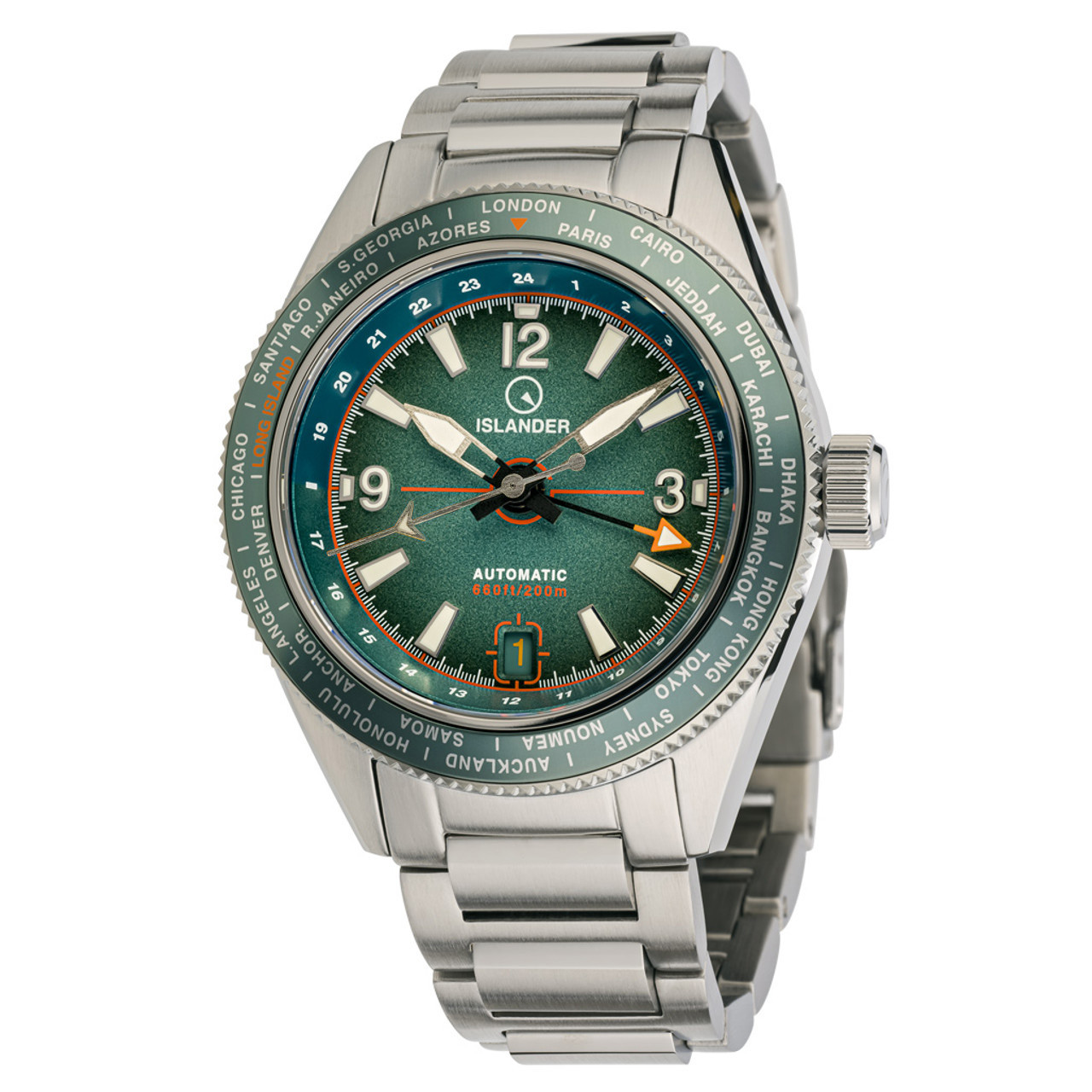 Islander Calabro GMT World Time Automatic Watch with Green Dial #ISL-193 Questions & Answers