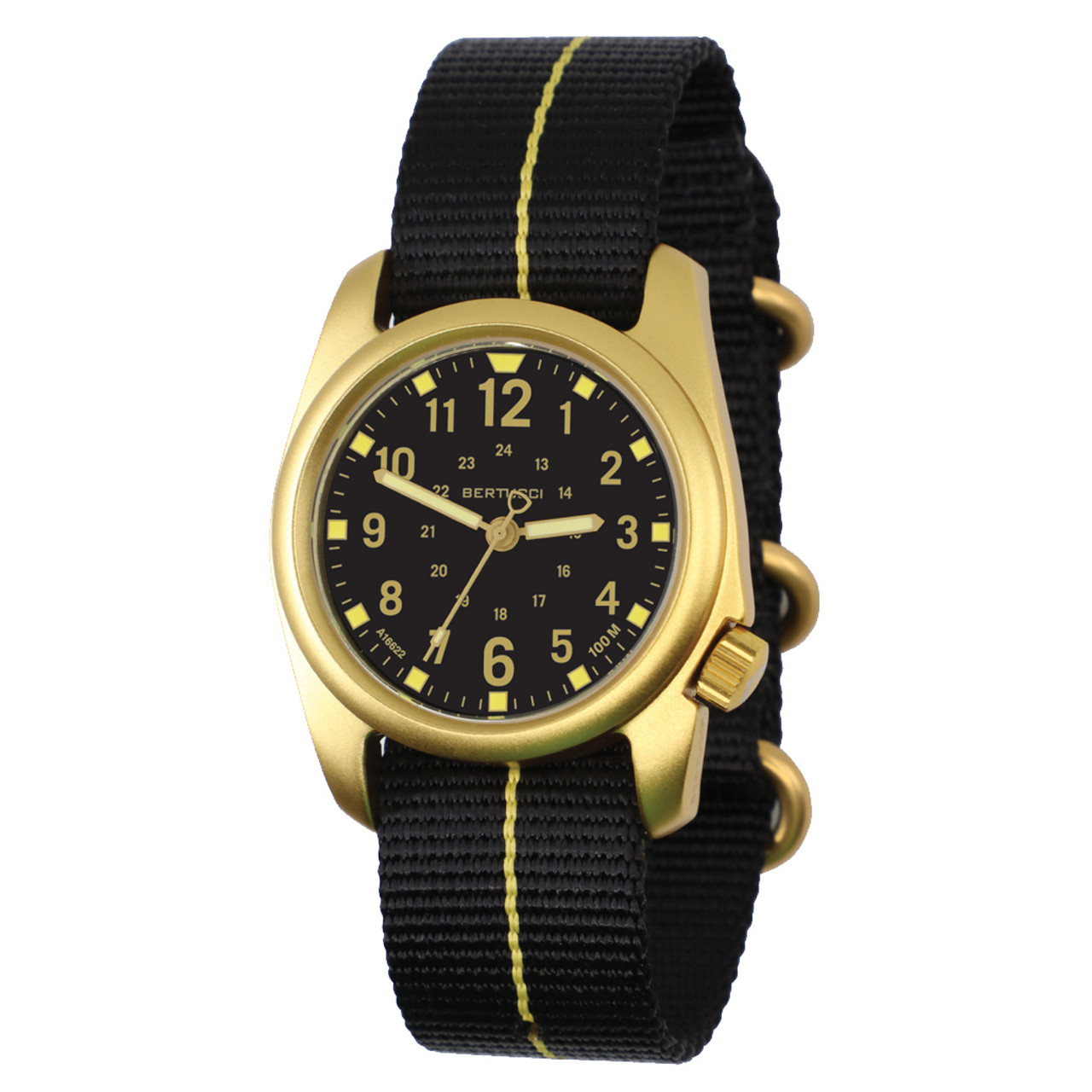 Bertucci A-2A Golden Field Watch with Black Dial and Striped Nylon Band #16303 Questions & Answers