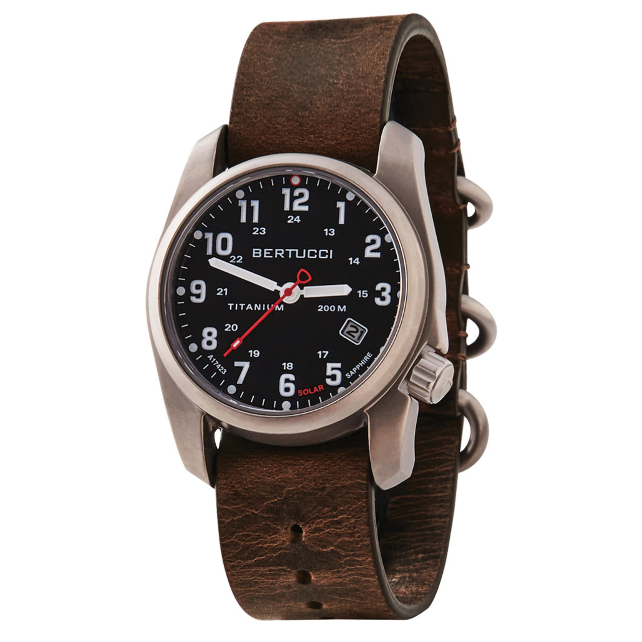 Bertucci A-2T Solar Classic Titanium Field Watch with Brown Leather Strap #12803 Questions & Answers