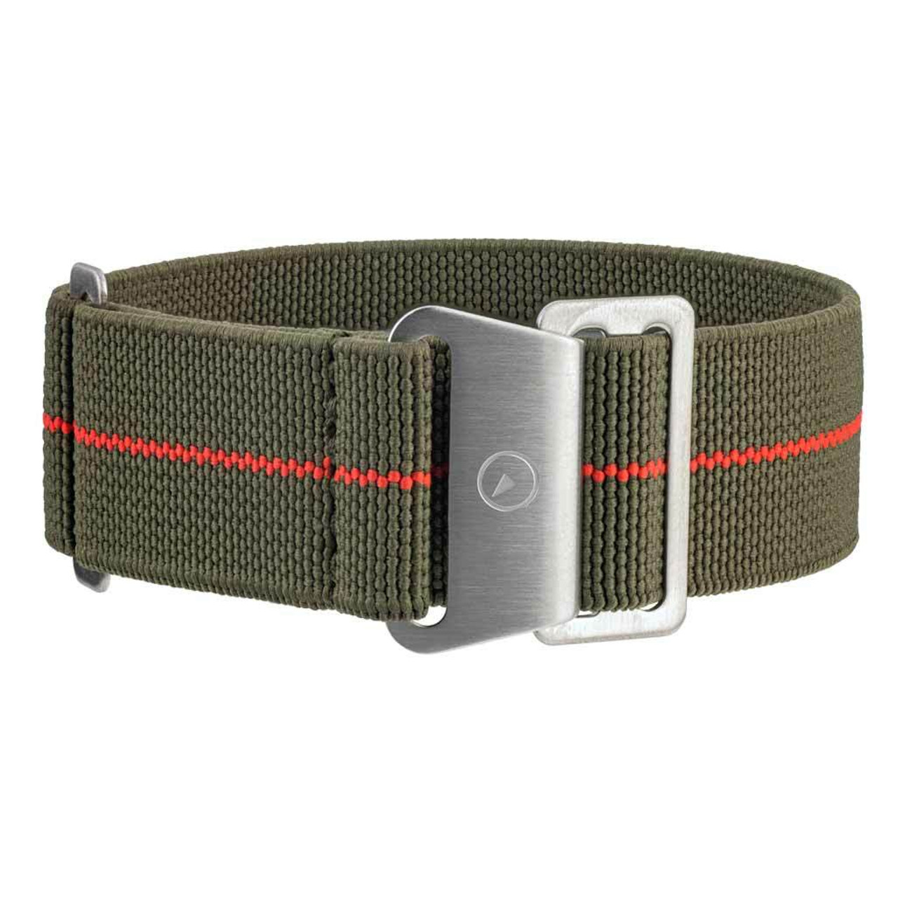 Green Elastic Woven Nylon Strap with Red Stripe, Brushed Finish Steel Clasp #EWB-14-SS Questions & Answers