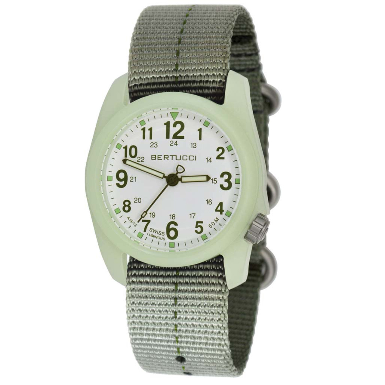 Bertucci DX3 Luminous Resin Watch, Olive Green Nylon Strap, White Dial - 11028 Questions & Answers