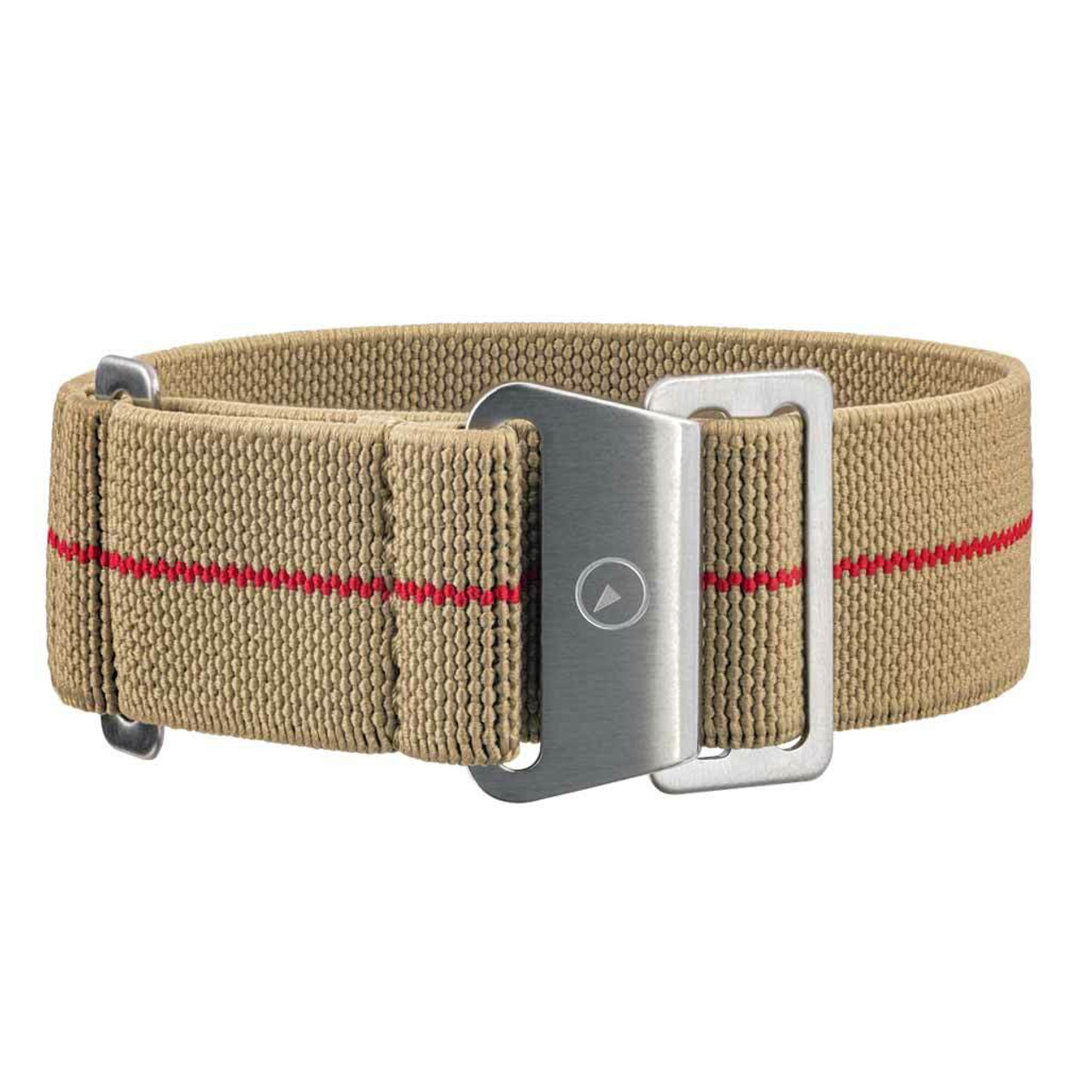 Camel Elastic Woven Nylon Strap with Red Stripe, Brushed Finish Steel Clasp #EWB-17-SS Questions & Answers