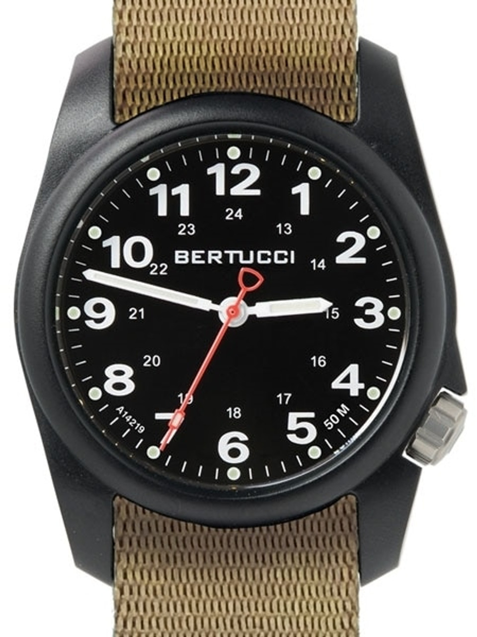 Bertucci A-1R Field Comfort watch with fiber reinforced polycarbonate Unibody case, Khaki Nylon Strap, Black Dial #10502 Questions & Answers