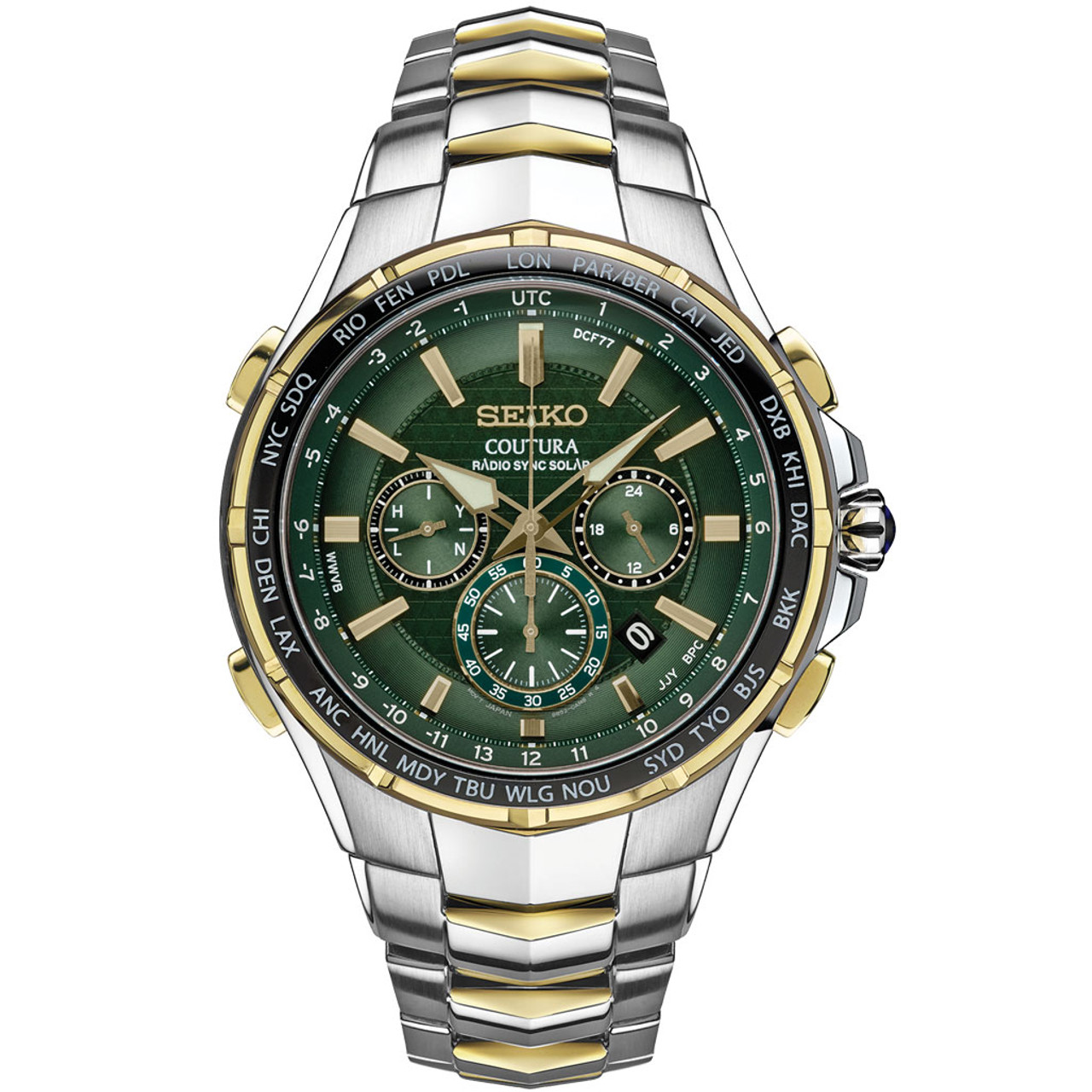 Seiko Coutura Radio Sync Solar Chronograph Two-Tone Mens Watch #SSG022 Questions & Answers