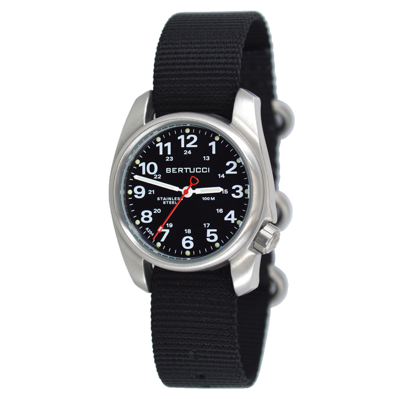 Bertucci A-1S Black Dial Stainless Steel Watch with Black Nylon Strap #10004 Questions & Answers