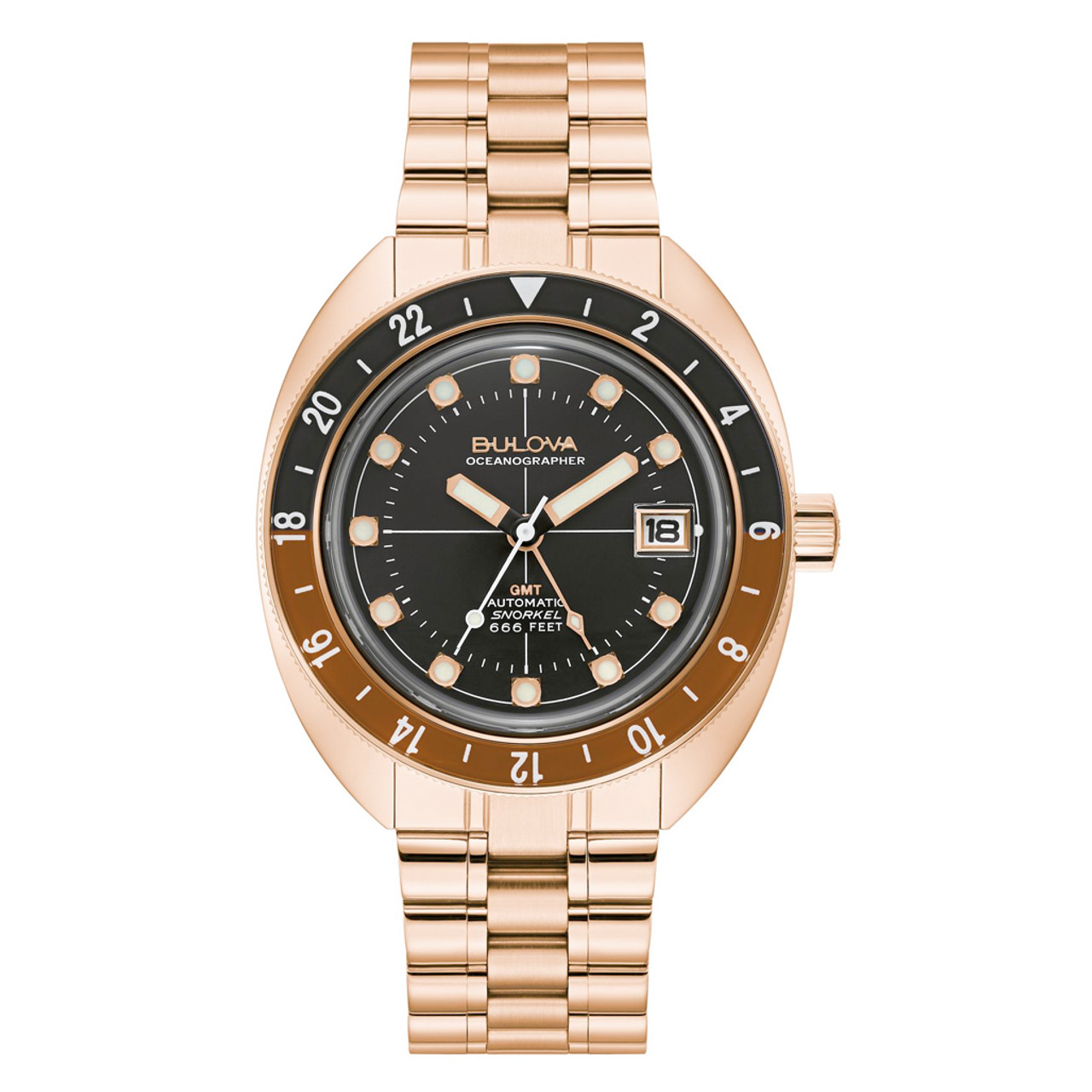 Bulova Oceanographer GMT Automatic Dive Watch in Rose Gold #97B215 Questions & Answers