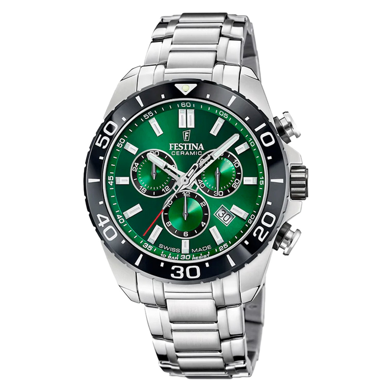 Festina Swiss Made Chronograph with Ceramic Bezel and Green Dial #F20042-3 Questions & Answers