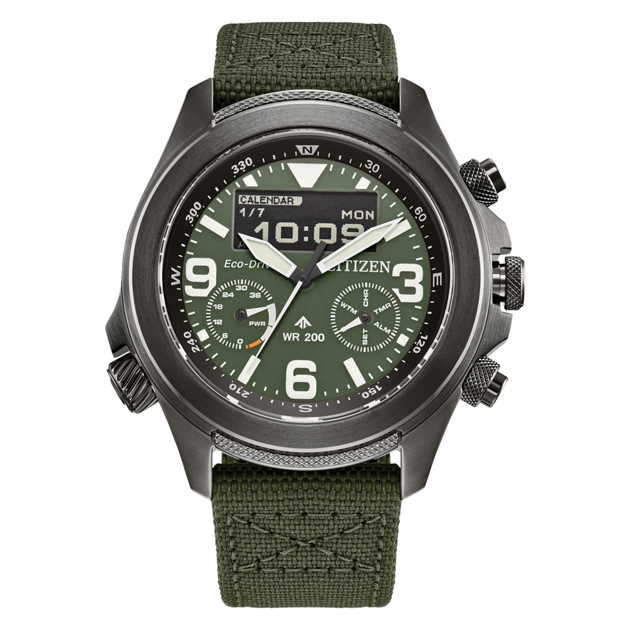 Citizen Promaster Land Ani-Digi Watch with Forest Green Dial #JV1005-02W Questions & Answers