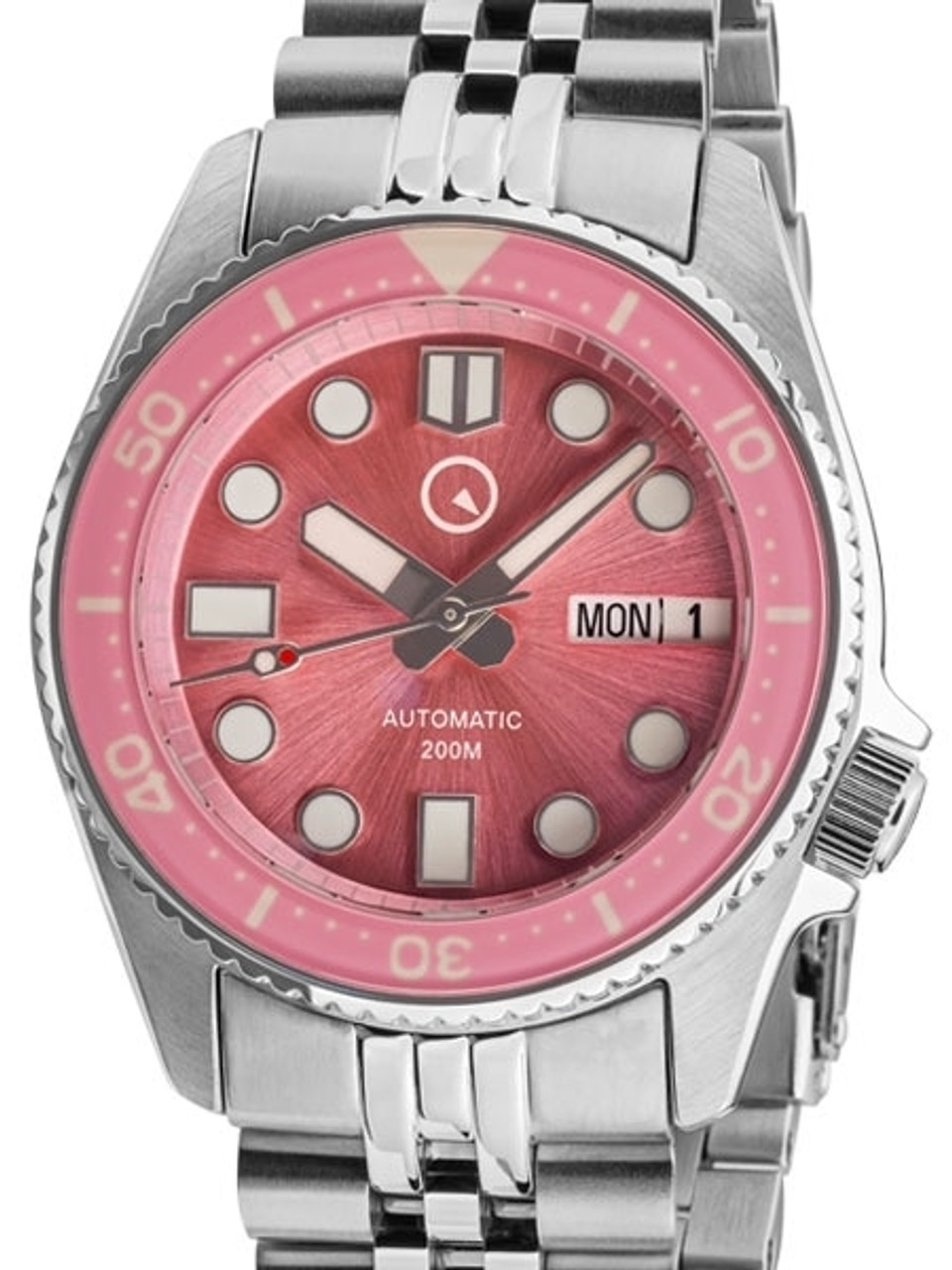 Islander 38mm Automatic Pink Dive Watch with Solid-Link Bracelet, AR Double Dome Sapphire Crystal, and Luminous Sapphire Bezel Insert #ISL-52 Questions & Answers