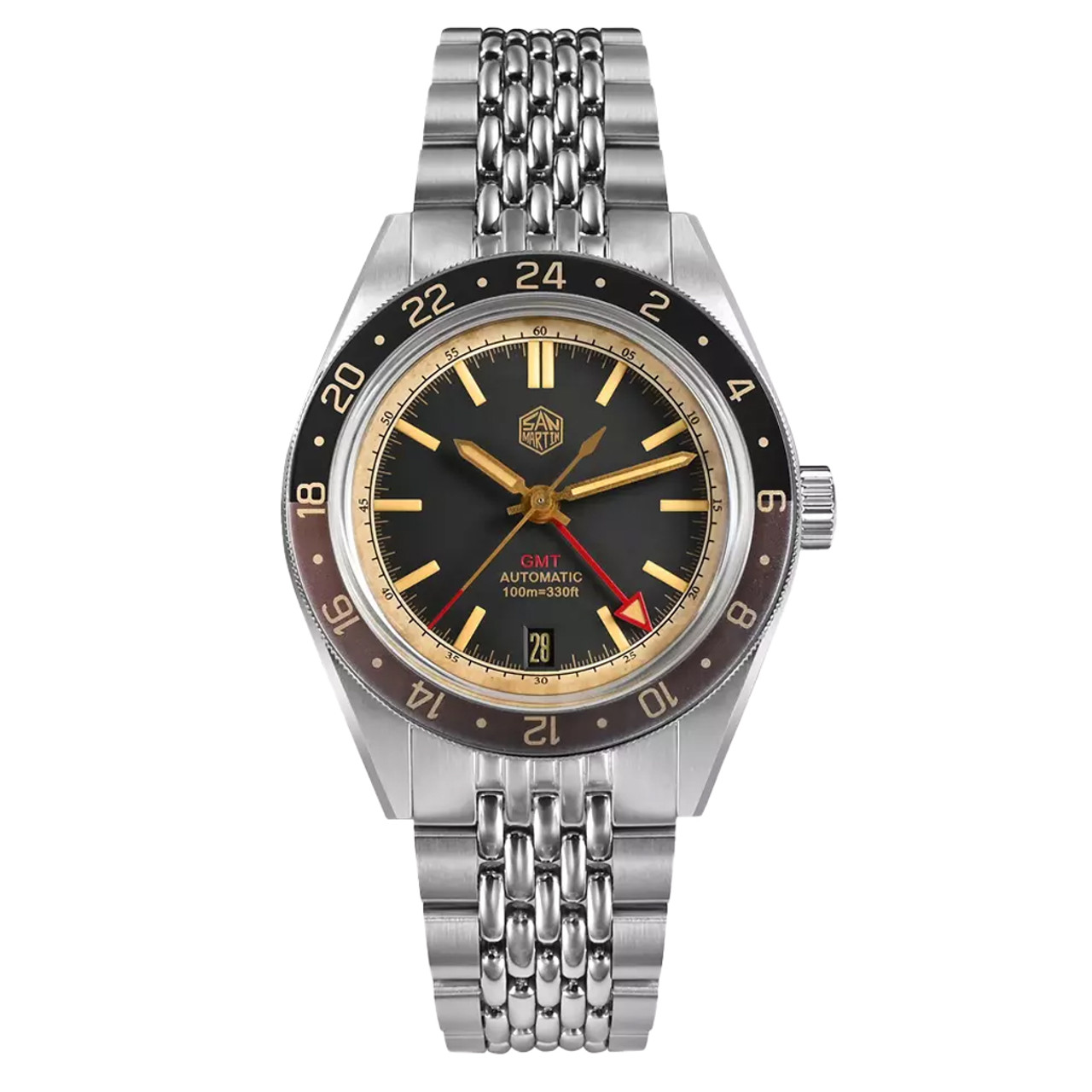 What is the bezel material on the San Martin GMT Auto SN0116-B?