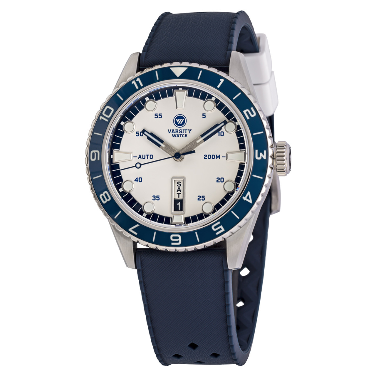 Varsity Automatic Watch with White Dial and Blue Accents #VW-01 Questions & Answers
